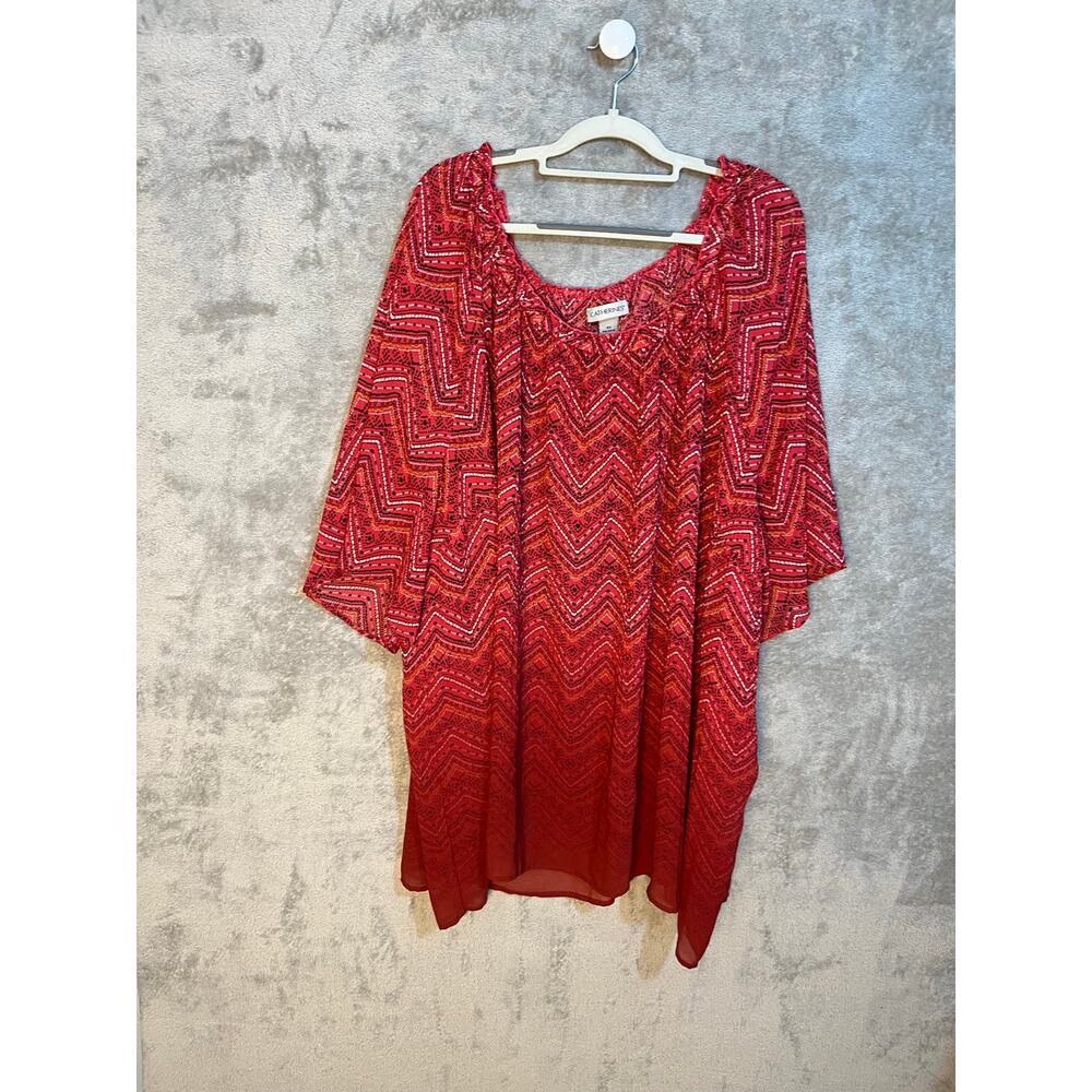 Catherine’s Blouse Size 5X Red Ombré Chevron Crinkle Semi Sheer Boho